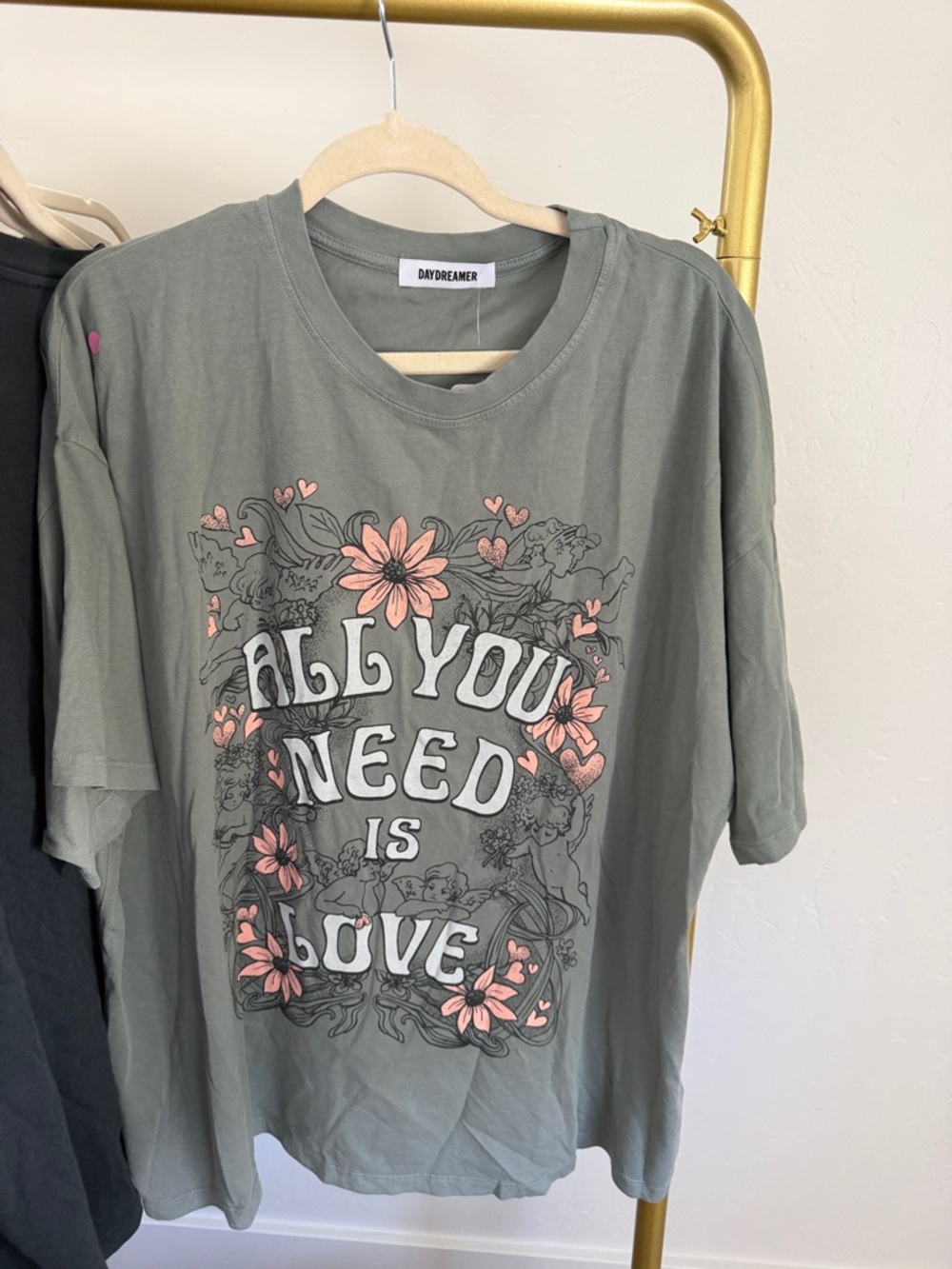 Daydreamer Kids Sage Green Tee with Pink Floral 'All You Need Is Love' Graphic